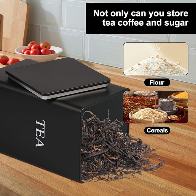 3Pcs Tea Coffee Sugar Canisters Set, Metal Coffee and Sugar Containers, Versatile Kitchen Storage Jars with Airtight Lids, Space Saving Food Canisters Set for Home Kitchen (Black)