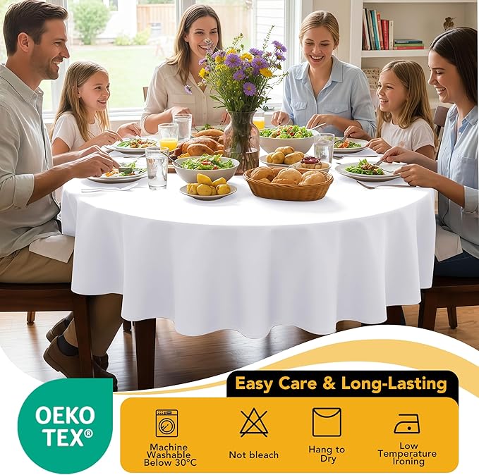 10-Pack White Round Tablecloths, 70 Inches, Stain-Resistant Polyester for 3-4 Ft Round Tables - Washable Table Covers for Weddings, Banquets, Birthday Parties, Events