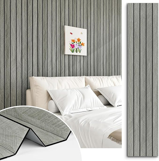 Grey Wood Grain Slat Panels for Interior Wall Decor 197"x23.6" Peel and Stick 3D Textured Fluted Wood Panels Self Adhesive Acoustic Wooden Paneling Wallpaper for Bedroom Living Room Studio
