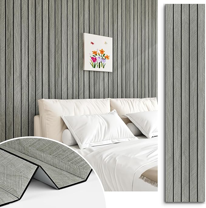 Grey Wood Wall Slat Panels Peel and Stick 3D Fluted Wood Panels for Interior Wall Decor 118" x 11.8" Self Adhesive Acoustic Wooden Paneling for Bedroom Living Room TV Background Kitchen