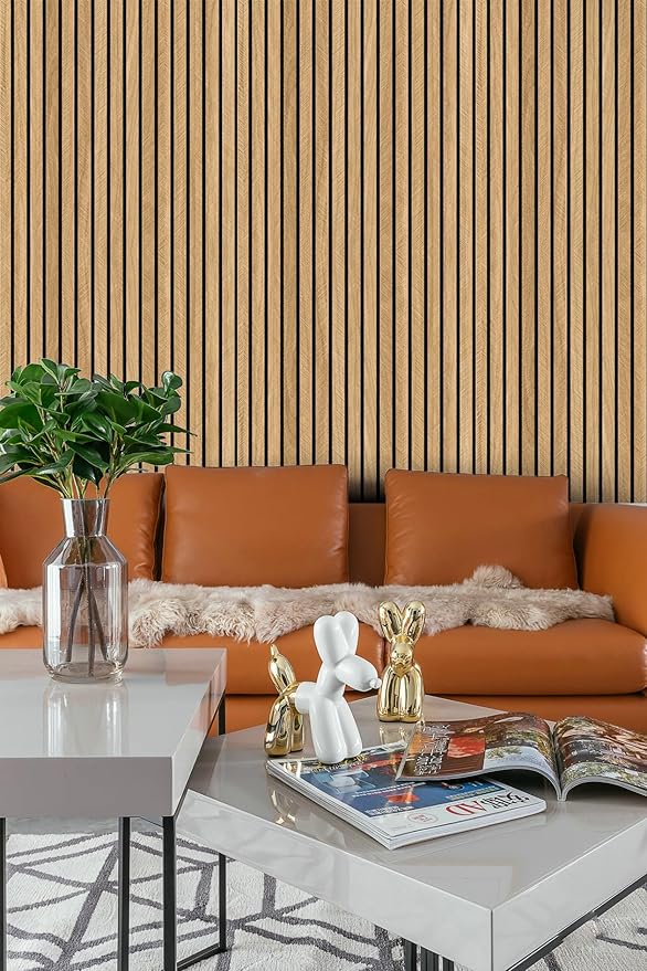 WaveSpace Self-Adhesive PVC Slat Wall Panels, Peel and Stick Wood Panels 118"x15.75", Thick Faux Oak Wood Grain Wallpaper Panels 3D Soundproof Wall & Ceiling Panels Decorativos para Pared
