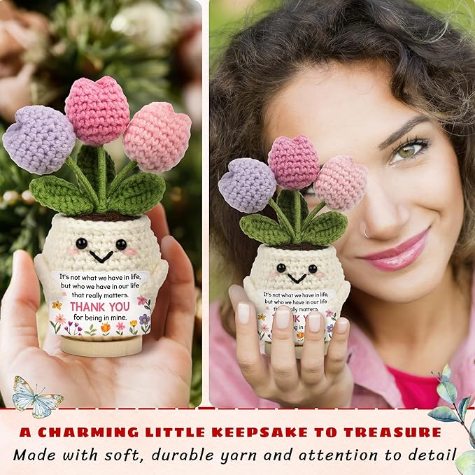 Best Friend Friendship Gifts for Women - Funny Mothers Day Birthday Gifts for Friends, Bestie, BFF, Bestfriend, Female, Girls - 5.51'' x 4.13'' Knitted Positive Tulip Flowers Friend Crochet