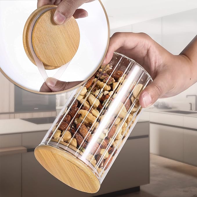 Steviieden 25 FL OZ Airtight Glass Jars with Bamboo Spoons Lids Overnight Oats Container Decorative Coffee Bar Food Storage Jar Cereal Nuts Salts Coffee Tea Flour Sugar Container Spice Jars