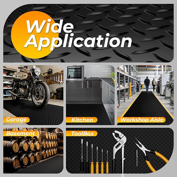 4x10 FT Diamond Plate Garage Floor Mat, Heavy Duty PVC Flooring Roll, 2.8mm Mat for Under Car, Motorcycle, Golf Cart, Trailer, Waterproof Non-Slip Floor Protector for Garage, Basement, Black