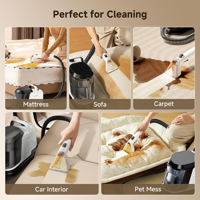 Uwant Upholstery Cleaner Machine with 18Kpa Suction Portable Carpet Cleaner Machine for Cars, Pets with Pet Pro Solution and Self Cleaning Tools Set of 1 for Spot, Rug, Couch