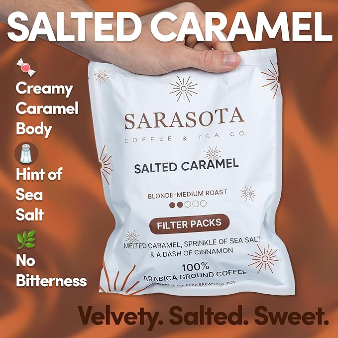 Ground Flavored Coffee In Filter Packs | Medium Roast Low Acid Mold Free Pouches | Sampler Packets | Salted Caramel Gourmet Powder Bags for 10-12 Cup Drip Maker | Highest Rated Individual Premeasured Coffee