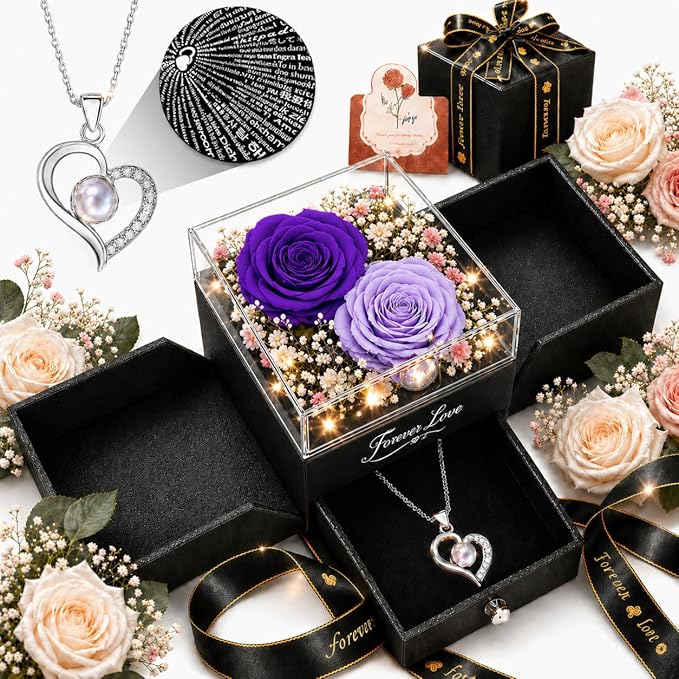 Forever Love Preserved Real Rose with Heart Necklace, Mothers Day Gifts for Mom, Wife, Anniversary Birthday Gifts for Women – Projects “I Love You” in 100 Languages