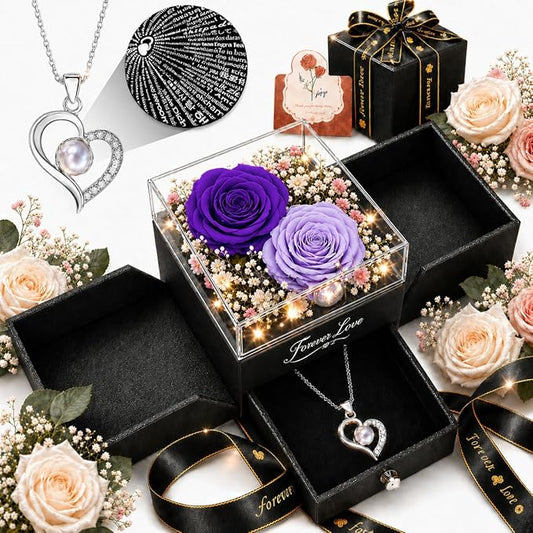 Forever Love Preserved Real Rose with Heart Necklace, Mothers Day Gifts for Mom, Wife, Anniversary Birthday Gifts for Women – Projects “I Love You” in 100 Languages