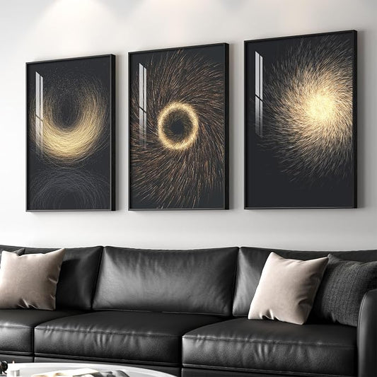Large Framed Black and Gold Modern Luxury Wall Art for Living Room, 3 Piece Contemporary Bright Art Prints Paintings Artwork for Walls, Pictures for Bedroom Dining Room Entryway Wall Decor 24x36 In