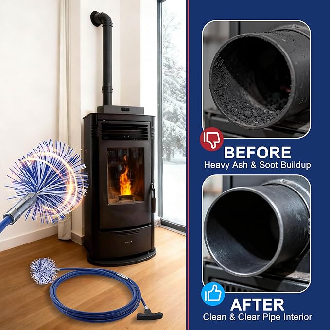 Dreyoo Pellet Stove Cleaning Brush Kit, 20 FT Flexible Steel Rod with 3" Brush Head, T Handle, Multi Purpose Flue Detail Cleaner, Nylon Stove Flue Pipe Kit for Pellet Furnace Exhaust Pipes