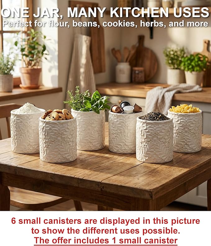 Small Engraved Ceramic Kitchen Canister - Storage Jars with Airtight Lids Made from Bamboo with Nature-Inspired Engraving - Use as a Pasta Holder, Coffee Ground Holder, Rice Container - 30 Ounces