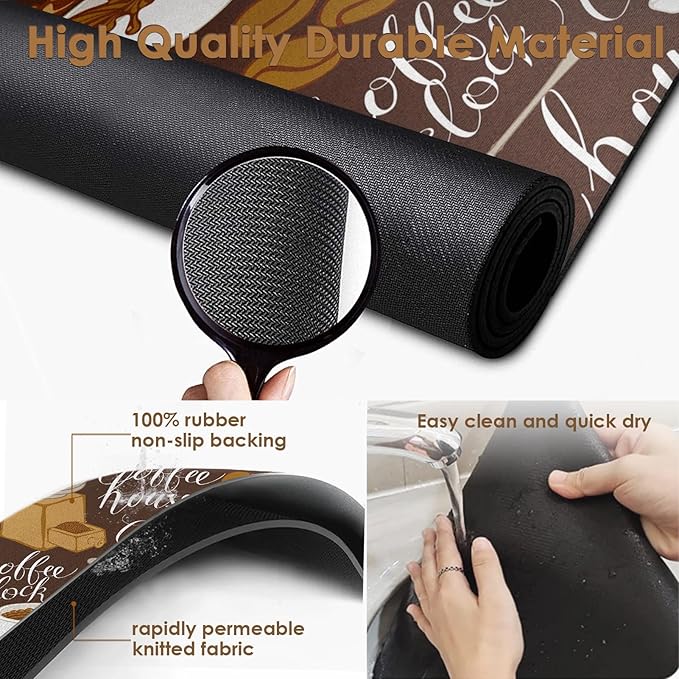 Arttown Coffee Mat for Countertops, Tea Retro Vintage Cafe Brown Dish Drying Mat 2 Pcs for Kitchen Bar Accessory, Fit Under Coffee Maker Espresso Machine Dish Rack Hide Stain 12x19in
