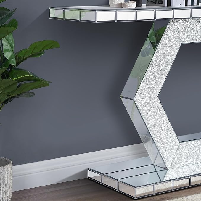 SSLine Mirror Console Table for Living Room 55" Modern Mirrored Entryway Table with Shiny Hexagon Base Luxury Glass Foyer Tables for Entryway Hallway