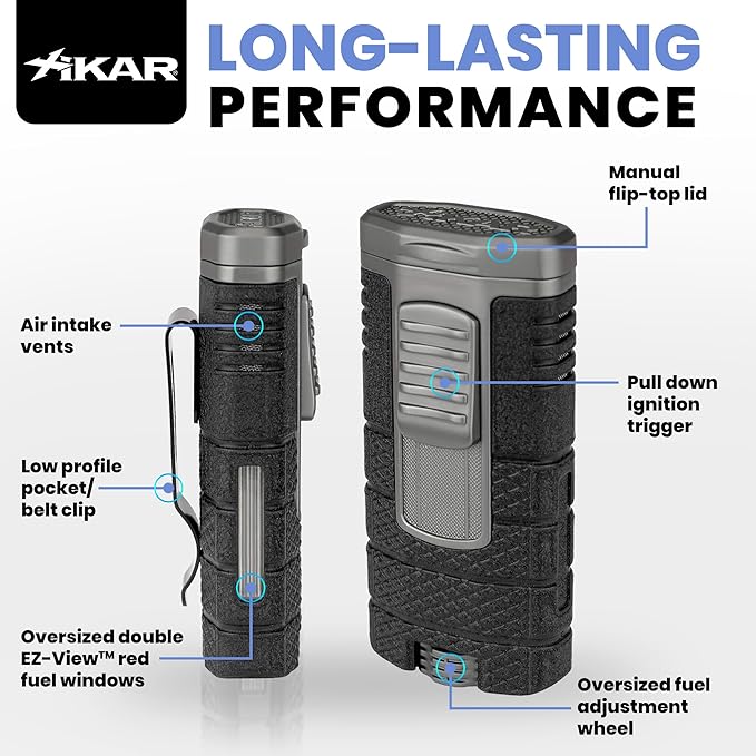 XIKAR Tactical Triple-Jet Lighter, Black and Gunmetal | Powerful Jet Flame for Cigars with Pocket Clip, EZ-View Fuel Window, Adjustable Flame Height & Pull Down Ignition Trigger, Ideal for Outdoor Use