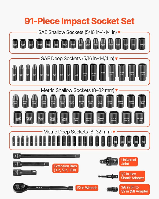 VEVOR 91-Piece 1/2" Drive Impact Socket Set, SAE (5/16" to 1-1/4") & Metric (8 to 32 mm), CR-V, Deep & Shallow, 6 Point, Ratchet Handle, Universal Joint, Adapters, Extension Bars (3, 5, 10 in)