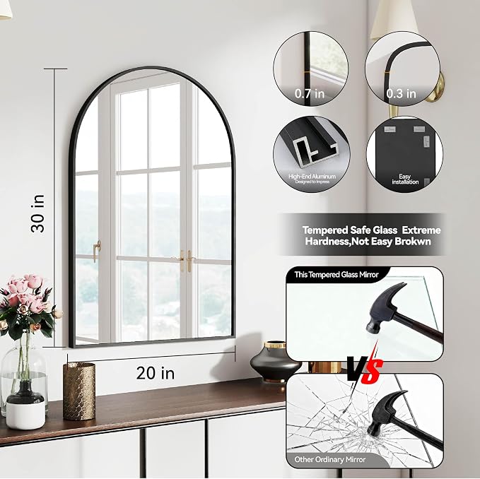 SCWF-GZ 30x20 Arch Mirror Rectangle Wall Mounted Hanging or Against Wall Aluminum Alloy Metal Frame Dressing Make-up Mirrors for Entryway Bedroom Bathroom Living Room 30 20 inch Black