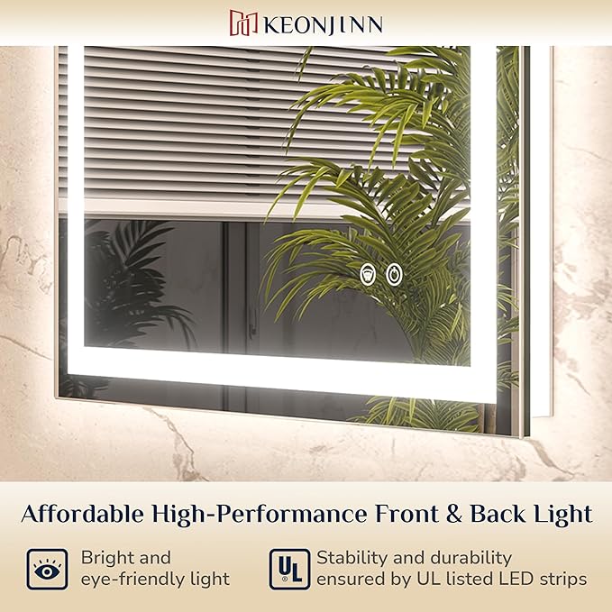Keonjinn LED Mirror for Bathroom 40 x 30 Inch, Frontlit & Backlit Bathroom Vanity Mirror with 3 Color Lights, Lighted Bathroom Mirror with Anti-Fog, HD Tempered Glass, UL-Listed LED Driver, CRI90+