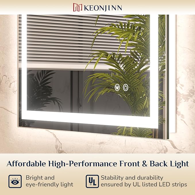 Keonjinn 24 x 30 Inch Bathroom Mirror with Lights, LED Vanity Mirror with Frontlit & Backlit, Stepless Dimmable 3-Color Temperature, Lighted Mirror with Anti-Fog, Tempered Glass(Horizontal/Vertical)