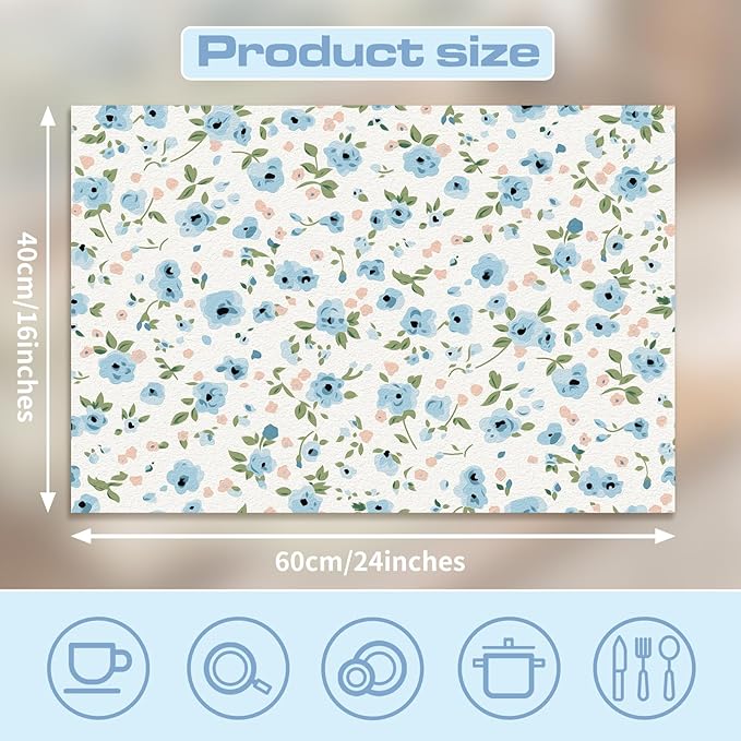 Ditsy Floral Dish Drying Mat for Kitchen Countertop Super Absorbent Coffee Bar Mat, Fast Dry Fit Under Espresso Machine (Ditsy Blooms,Blue)