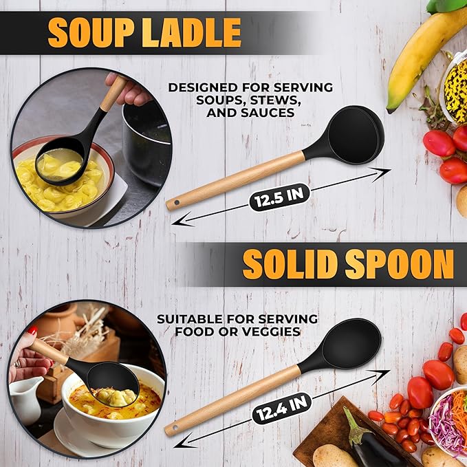 14 Pcs Black Kitchen Utensils Set with Holder for Nonstick Cookware - Silicone Cooking Utensils Set, Kitchen Tools for Daily Cooking - Wooden Handle Cooking Tools for Baking Serving and Mixing Tasks