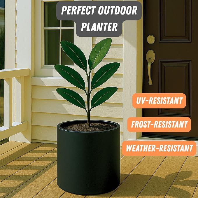 Fox & Fern Large Indoor Planter, Modern Large Plant Pot for Indoor or Outdoor, UV and Frost Resistant - 12 Inch, Matte Black Flower Pot with Drainage Plug, Lightweight