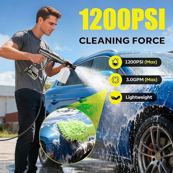 YKYI Cordless Water Spray Cleaning Tool, Battery Powered with 30 Speed Levels, Handheld Portable Sprayer with 6-in-1 Nozzle, 24FT High-Elastic Hose for Car, Garden, Patio Cleaning (Silver Gray)