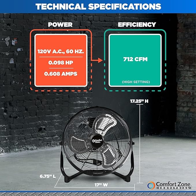 Comfort Zone Cradle Floor Fan, Electric, High-Velocity,180 Degree Adjustable Tilt, 14 inch, 3 Speed, Carry Handle, Rubber Feet, Metal, Airflow 21 ft/sec, Ideal for Garage or Workshop, CZHV14B