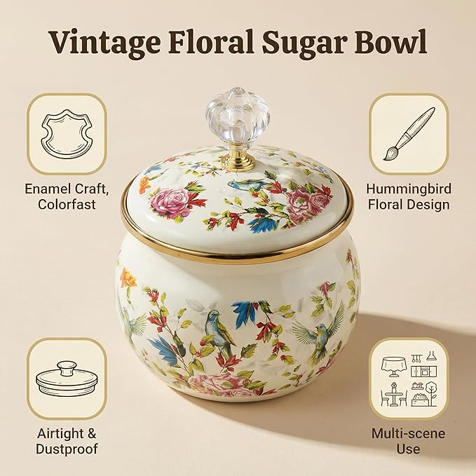 Flowers Birds Enamel Sugar Bowl Seasoning Jar Vintage Tea Canister Spice Box Retro Coffee Candy Storage Pot Bohemian Salt Container Jar for Home Kitchen Decor