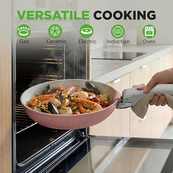 NutriChef 18-Piece Ceramic Cookware Set with Detachable Handles, Non Stick Pots and Pans, PTFE-Free Natural Ceramic Coating, Space-Saving Design, Oven & Stove Safe, Includes Utensils, Pink