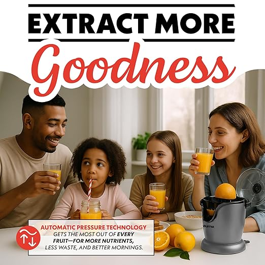 Gourmia Citrus Juicer - Automatic Juicer with 17 oz Capacity, One-Touch Operation, Universal Cone, Anti-Drip Spout, Dishwasher-Safe Accessories, Compact Quiet 60W Motor