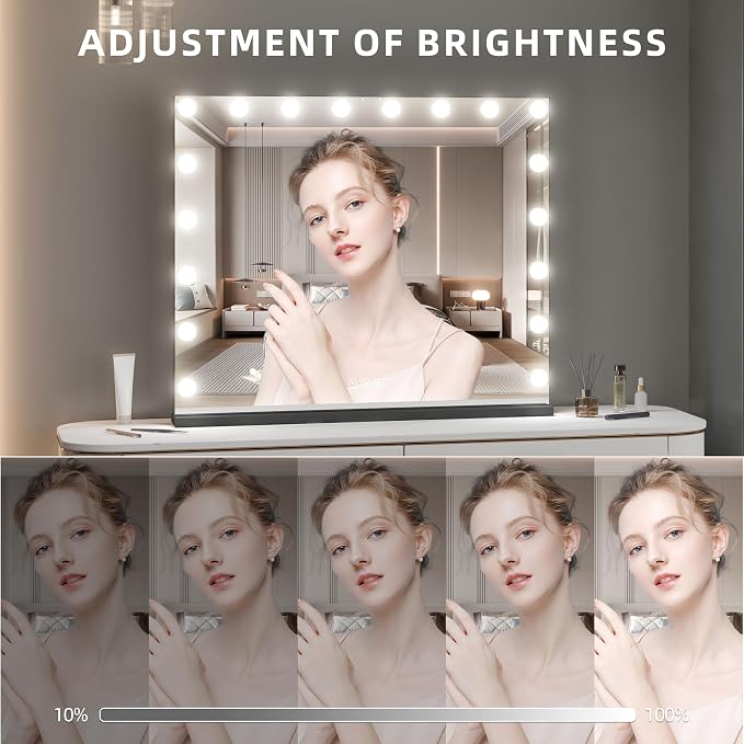 Vanity Mirror with Lights,Makeup Mirror with 17 Dimmable LED Bulbs, 3 Color Lighting Modes Detachable 10X Magnification Mirror Touch Control, 23.6X19,7 inch, Black