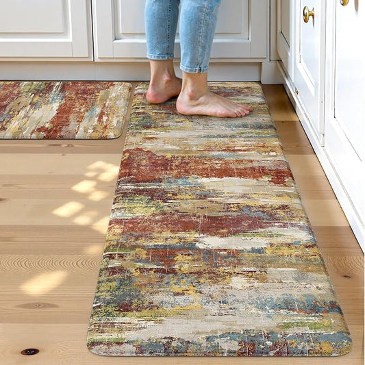 Collive Anti Fatigue Mats for Kitchen Floor, Abstract Cushioned Non Slip Kitchens Rugs Sets of 2 Waterproof, Red Comfort Foam Standing Mat for Sink, Laundry, Home Office, 17"x47"+17"x29"