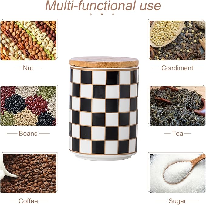 Kitchen Countertop Ceramic Checkered Canisters,Black And White Food Storage Containers With Lid,Airtight Kitchen Canisters for Flour, Sugar, Coffee, Tea, and Dry Goods (Black, Small)