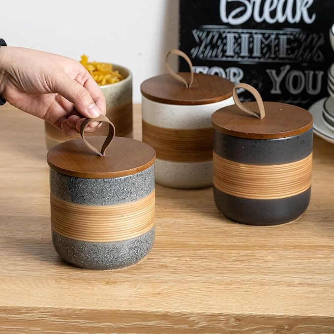 Miamolo Small Ceramic Jar with Lid, Coffee Container, Coffee Canisters with Airtight Lids Kitchen Food Storage Jars for Spice Sugar Tea Bag, Mini Decorative Jars for Countertop, Grey & 5 fl.oz