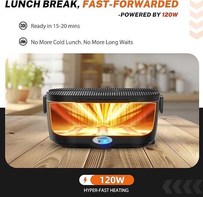 Heated Lunch Box,120W Electric Lunch Box for Adults with 1.5L 304 Stainless Steel Container, 12V/24V/110V Lonchera Eléctrica Portátil for Travel,Work,Car,Truck (Pure Black, 1.5L x 3)