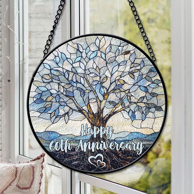 60th Wedding Anniversary Faux Stained Glass Suncatcher, 60 Years of Marriage Keepsake Ornament, Diamond Wedding