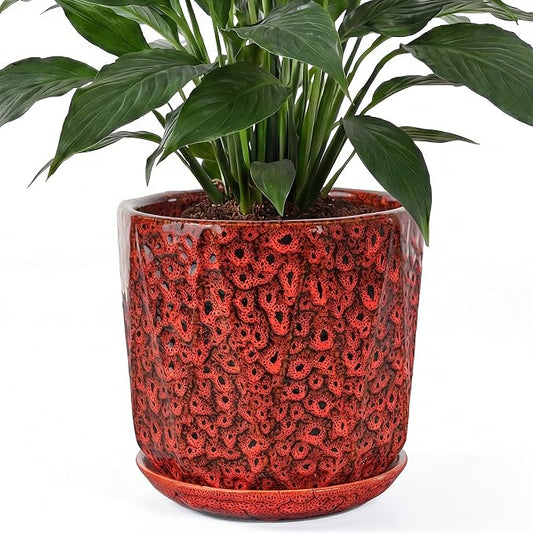 10 Inch Ceramic Plant Pot with Drainage Hole Mesh Net, Large Flower Pots for Indoor Plants with Saucer, Gardening Pots Outdoor (Red)