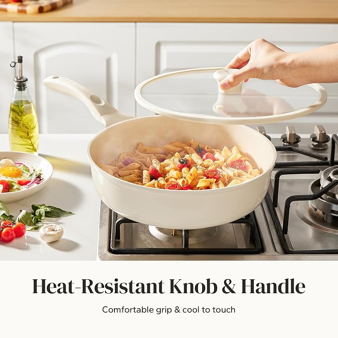 Redchef Ceramic Frying Pan with Glass Lid, Nonstick Deep Saute Pan for All Stovetops, Healthy Cooking Pan, Ergonomic Handle, Fast Even Heating, Splatter Prevention, Oven Safe