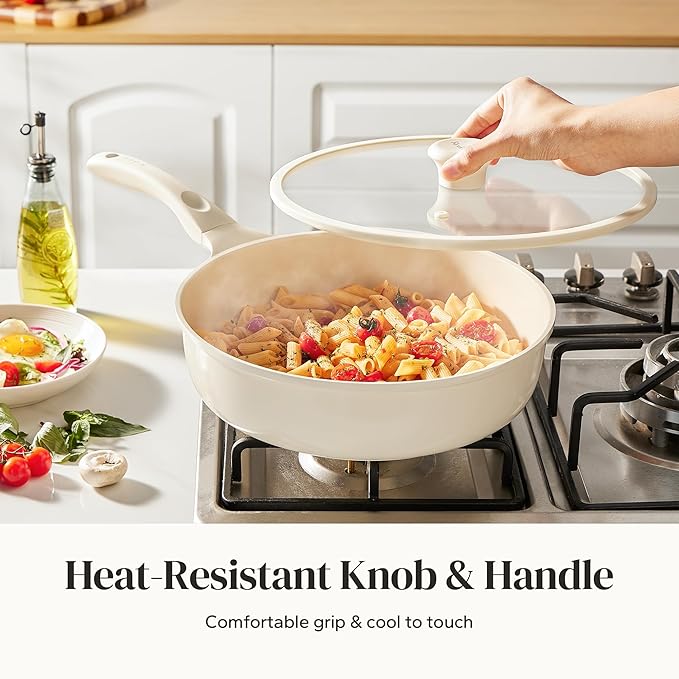 Redchef Ceramic Frying Pan with Glass Lid, Nonstick Deep Saute Pan for All Stovetops, Healthy Cooking Pan, Ergonomic Handle, Fast Even Heating, Splatter Prevention, Oven Safe