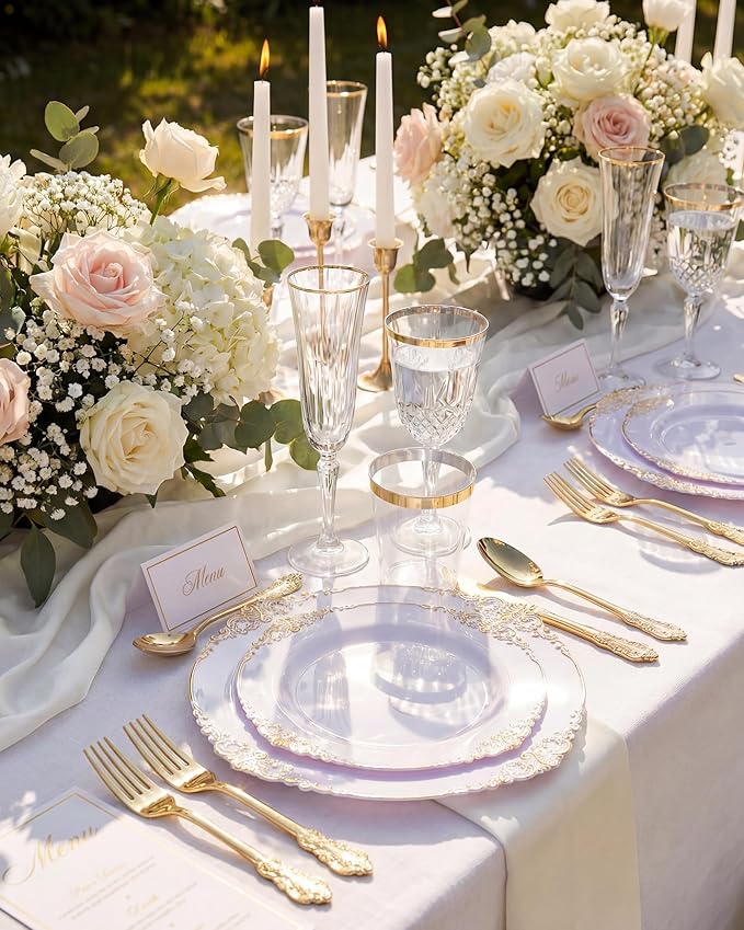 Nervure 350PCS Gold Plastic Plates - Gold Plastic Dinnerware Sets for 50 Guests - 100 Disposable Plates, 150 Silverware, 50 Cups, 50 Napkins for Wedding & Party & Mothers Day