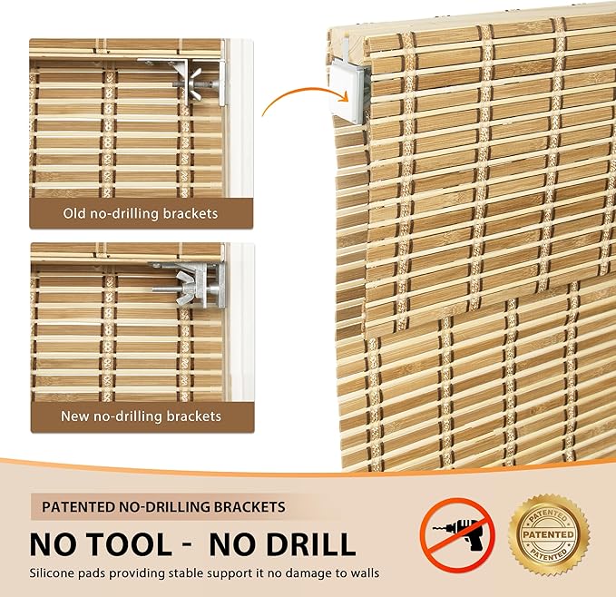 LazBlinds No Tools No Drill Cordless Bamboo Roman Shades, Light Filtering Window Treatment, Roll Up Bamboo Blinds for Windows 28'' W x 64'' H, Natural 306