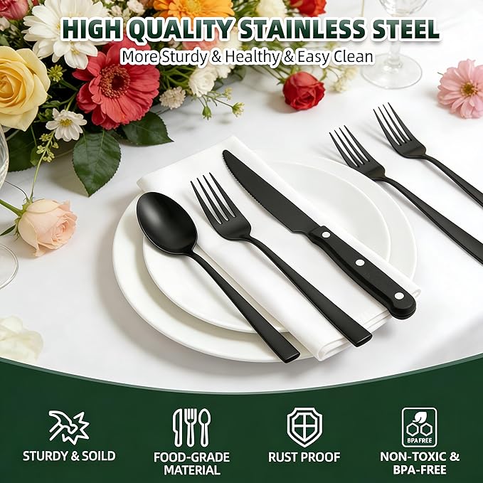 CEKEE 72-Piece Black Silverware Set with Steak Knives, Stainless Steel Flatware Set for 12, Tableware Cutlery Set, Kitchen Utensils Set for Home & Restaurant, Heavy Duty & Mirror Finished