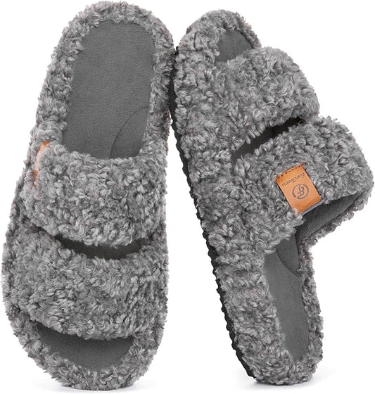 EverFoams Womens Fuzzy Open-toe Slippers Soft Comfy Memory Foam Indoor House Shoes