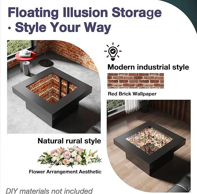 FKWin Black Coffee Table - Endless Depth Morden Square Coffee Table with LED Lights, Mirror Coffee Tables for Living Room, Tempered Glass-Top Center Tables, 31"
