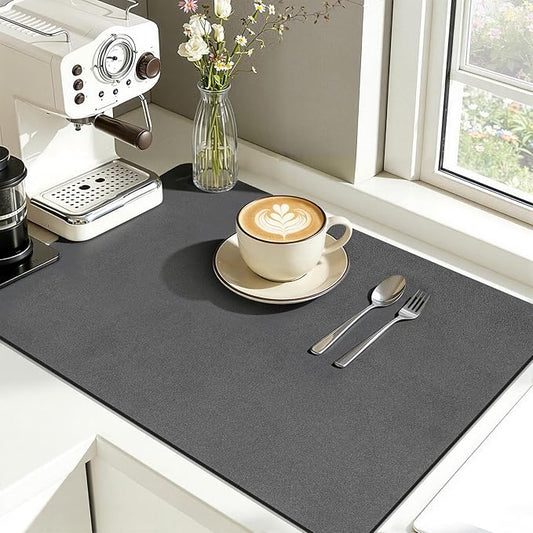 Findosom Dish Drying Mat, 12"x 20" Super Absorbent & Hide Stain Coffee Mat, Cuttable Drying Mat for Kitchen Counter, Coffee Bar Accessories, Under Dish Rack, Coffee Maker, Espresso Machine, DarkGrey-2