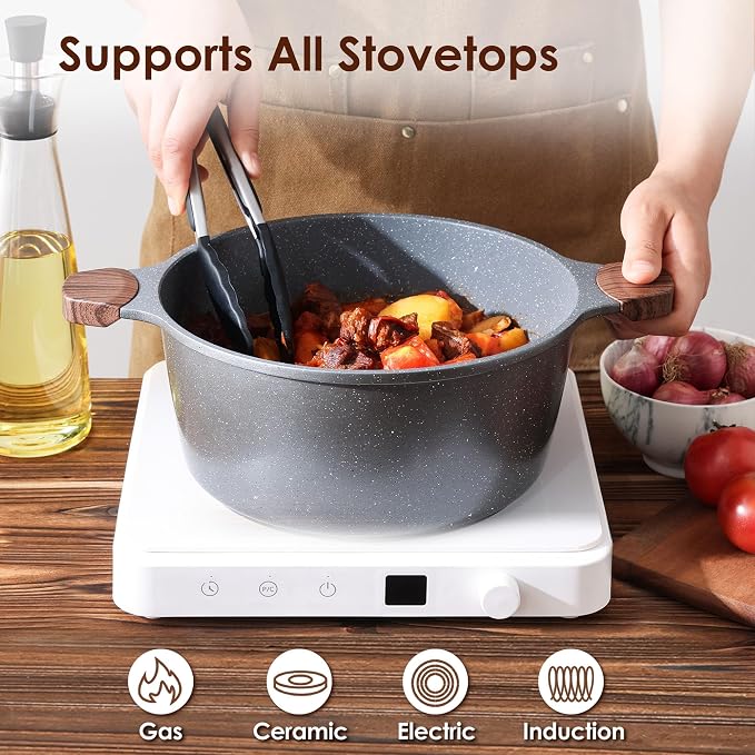 SENSARTE Nonstick Stock Pot with Lid, 7 Quart, Gray | Swiss Granite Nonstick Coating, PFOA PFOS APEO Free, Compatible with All Stoves Including Induction Cooktops, Easy to Clean