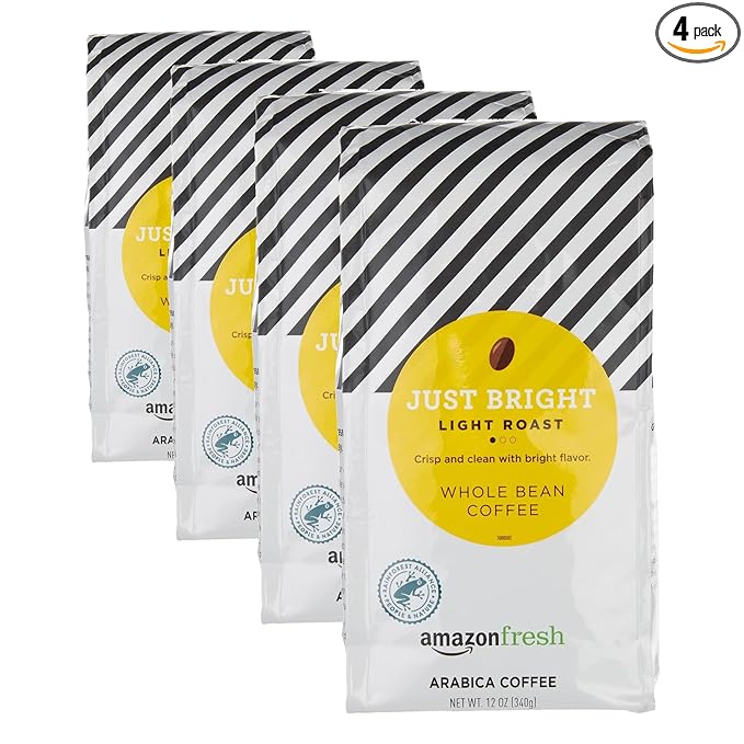 Amazon Fresh, Just Bright Whole Bean Coffee, Light Roast, 12 Oz (Pack of 4)