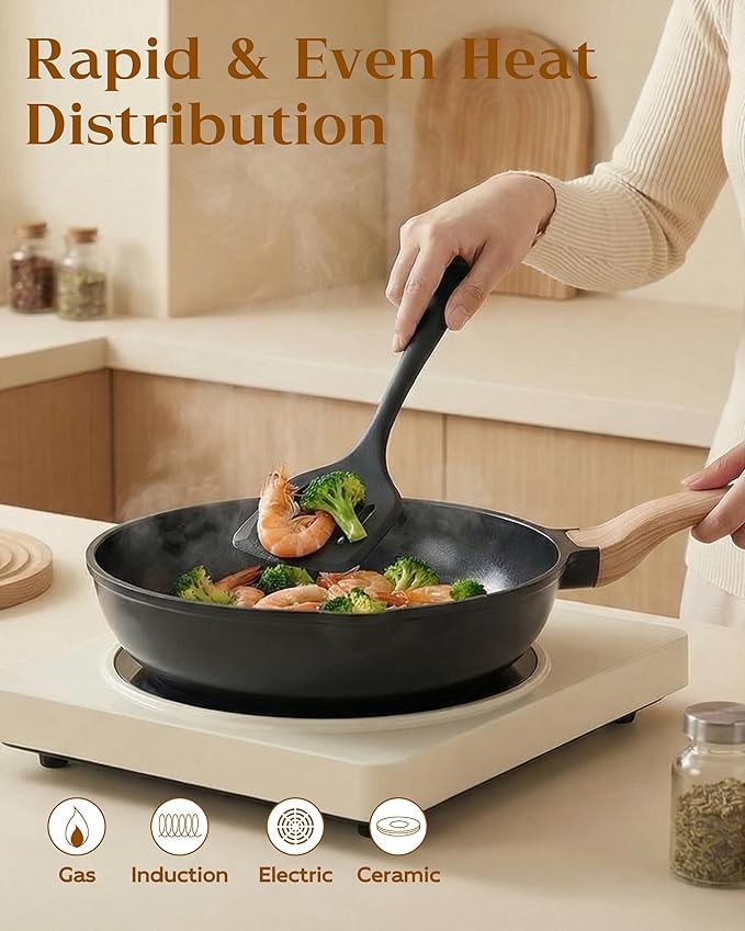 FDN 16Pcs Titanium Pots and Pans Set,Toxic-Free Cookware Set, Dishwasher & Oven Safe, Induction Compatible with Bakelite Wood Grain Handle, Compact and Durable