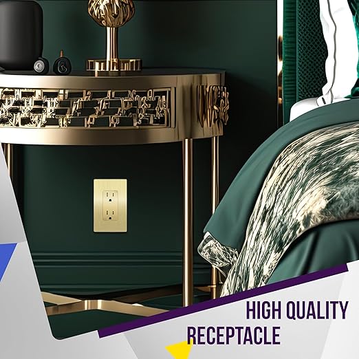 ENERLITES Elite Series Decorator Receptacle Outlet Child Safe Tamper-Resistant, Gloss Finish, Self-Grounding, Residential Grade, 15A 125V, 61501-TR-GDWBP5P, Brushed Gold (5 Pack)