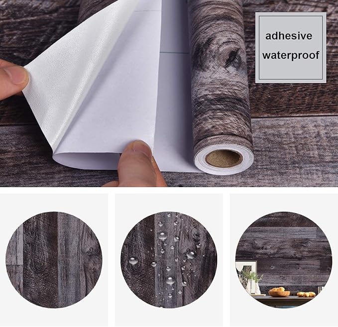 WENMER 17.71" x 197" Grey Wood Peel and Stick Wallpaper - Shiplap Self Adhesive Wood Plank for Countertop, Cabinet, Shelf, Drawer, Wall, Door